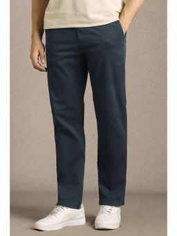 Louis Philippe - Navy Blue Solid Cotton Blend Regular Fit Trouser