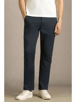 Louis Philippe - Navy Blue Solid Cotton Blend Regular Fit Trouser
