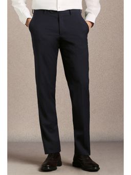 Louis Philippe - Navy Blue Stripes Polyester Blend Slim Fit Trouser
