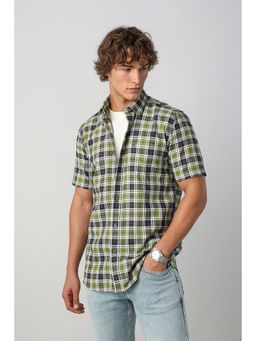 Peter England - Green Checks Cotton Slim Fit Shirt
