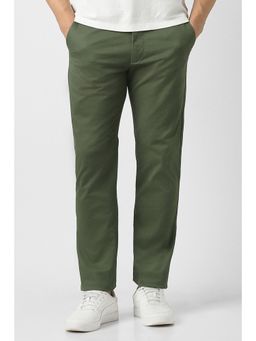 Peter England - Olive Solid Cotton Blend Slim Fit Trouser