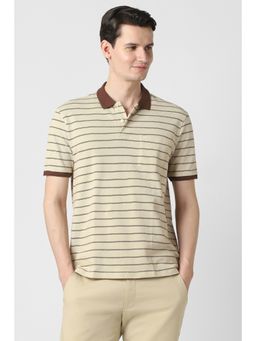 Peter England - Beige Stripes Cotton Regular Fit Polo T-Shirt