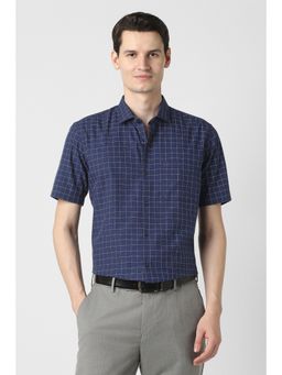 Peter England - Navy Blue Checks Cotton Blend Regular Fit Shirt