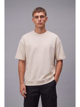 Peter England - Beige Solid Cotton Blend Regular Fit T-Shirt