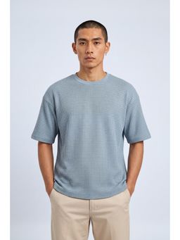 Peter England - Blue Textured Polyester Blend Regular Fit T-Shirt