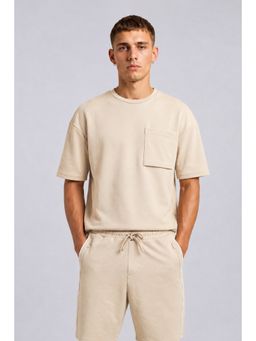 Peter England - Beige Textured Cotton Blend Regular Fit T-Shirt