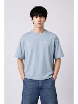 Peter England - Blue Solid Cotton Blend Regular Fit T-Shirt