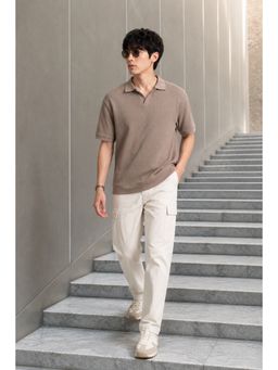 Peter England - Brown Textured Cotton Blend Regular Fit Polo T-Shirt