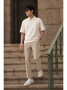 Peter England - Beige Textured Polyester Blend Relaxed Fit Trouser