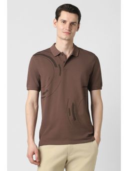 Peter England - Brown Self Design Cotton Blend Regular Fit Polo T-Shirt
