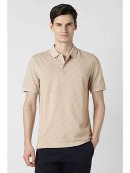 Peter England - Beige Textured Cotton Blend Regular Fit Polo T-Shirt