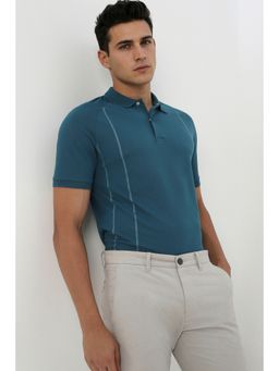 Van Heusen - Blue Solid Cotton Blend Regular Fit Polo T-Shirt