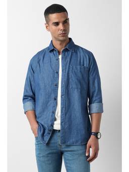 Van Heusen - Blue Solid Cotton Blend Slim Fit Shirt