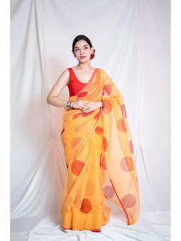 The Raksha Store - Mathe Ri Bindu Orange Kota Doria Saree with Unstitched