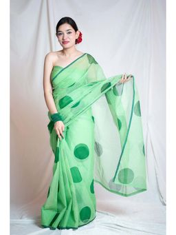 The Raksha Store - Mathe Ri Bindu Green Kota Doria Saree with Unstitched