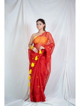The Raksha Store - Ruby Radiance Red Kota Doria Saree with Unstitched