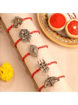 Cosa Nostraa - Dhanush, Om, Trishul, Mor Pankh And Divine Gemstone Premium Rakhi (Pack Of 5)