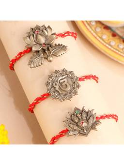 Cosa Nostraa - Lotus And Ik Onkar Antique Gold Premium Designer Rakhi (Pack Of 3)