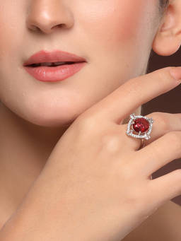 ZENEME - Rhodium-Plated Silver-Toned Ruby Red Halo Ad Adjustable Ring