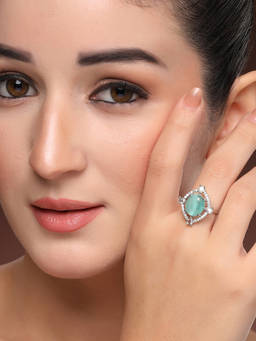 ZENEME - Rhodium-Plated Silver-Toned Ice Green Crystal Halo Ad Adjustable Ring