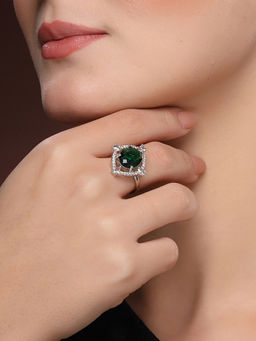 ZENEME - Rhodium-Plated Silver-Toned Emerald Green Crystal Halo Ad Adjustable Ring