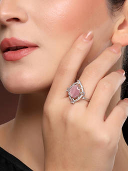 ZENEME - Rhodium-Plated Silvertone Rose Pink Crystal Halo Ad Adjustable Ring