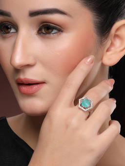 ZENEME - Rhodium-Plated Silver-Toned Ice Green Geometric Ad Adjustable Ring