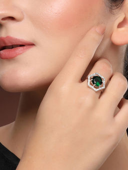 ZENEME - Rhodium-Plated Silver-Toned Emerald Green Geometric Ad Adjustable Ring