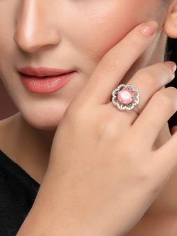 ZENEME - Rhodium-Plated Silver-Toned Rose Pink Floral Ad Adjustable Ring