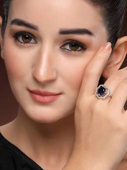 ZENEME - Rhodium-Plated Silver-Toned Sapphire Blue Floral Ad Adjustable Ring