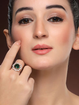 ZENEME - Rhodium-Plated Silver-Toned Emerald Green Floral Ad Adjustable Ring