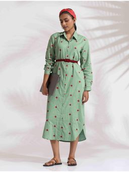 trueBrowns - Green Cotton Embroidered Shirt Dress with Belt (Set of 2)
