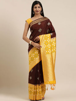 Mimosa - Patola Style Art Silk Saree Brown With Unstitched Blouse