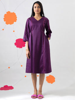 Pink Fort - Contrast Piping Detail Cotton Dress - Purple