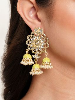 Karatcart - Gold Plated Kundan Studded Light Green Meena Triple Jhumki Earrings for Women