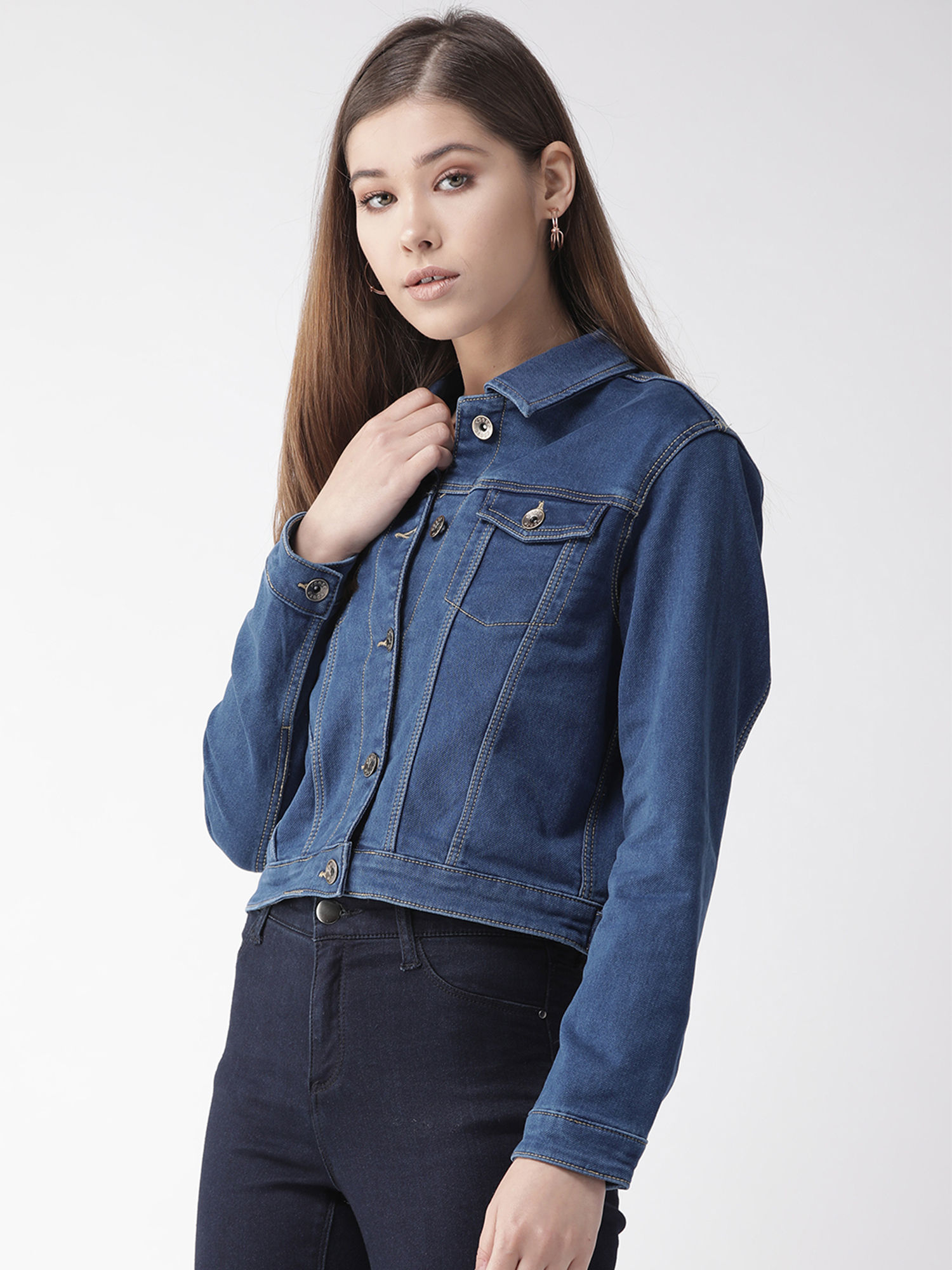 Blue Solid Crop Denim Jacket 