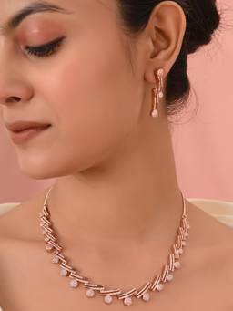 Ratnavali Jewels - Rose Gold Plated American Diamond Cz Necklace Jewellery Set
