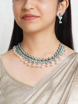 Teejh - Nishan Silver Oxidised Turquoise Stone and Pearl Necklace Set