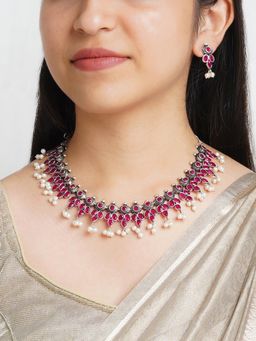 Teejh - Nishan Silver Oxidised Red Stone and Pearl Necklace Set