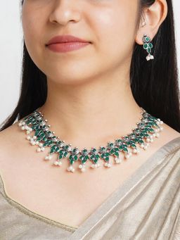Teejh - Nishan Silver Oxidised Green Stone and Pearl Necklace Set