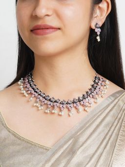 Teejh - Nishan Silver Oxidised Pink Stone and Pearl Necklace Set