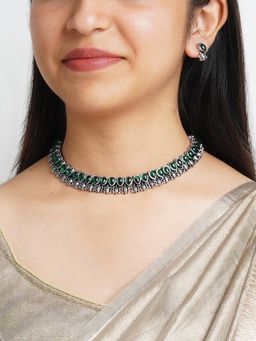Teejh - Silver Green Blossom Necklace Set