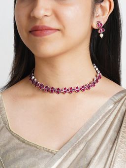 Teejh - Silver and Red Petal Fusion Necklace Set