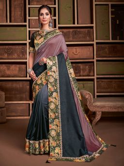 Odette - Black-Mauve Shaded Silk Designer Saree with Unstitched Blouse