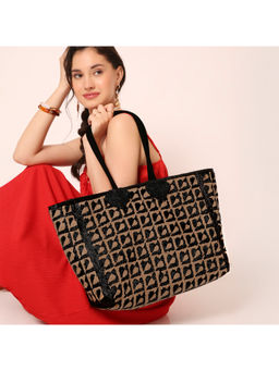 Accessorize London - Women Beige Black Handcrafted Geometric Beaded Tote Bag