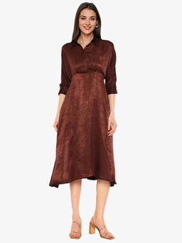 RAREISM - Women Airbaz Brown Collar Neck Midi A-Line Dress