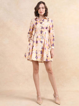 RAREISM - Women Bolviana Light Orange Collar Neck Mini Flared Dress