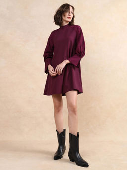 RAREISM - Women Cayman Primary Maroon High Neck Mini Straight Dress