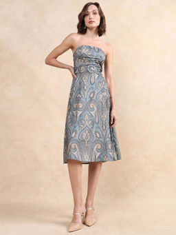 RAREISM - Women Croati Primary Blue Strapless Tube Midi Flared Dress with Belt (Set of 2)