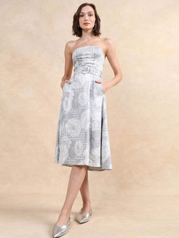 RAREISM - Women Croatink Primary Grey Strapless Tube Midi Flared Dress with Belt (Set of 2)